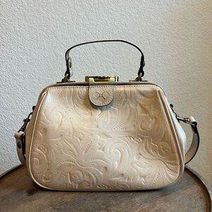 Patricia Nash Latte Gracchi Frame Tooled Leather Satchel Handbag